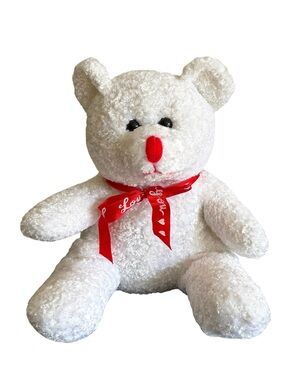 White Teddy Bear Plush Stuffed Animal Red Ribbon Bow 9in Valentines Love Heart